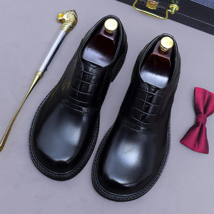 Chaussures en cuir pour hommes à bout carré de grande taille, augmentant la taille, pour les affaires et les tenues décontractées, en cuir de vache, à semelle épaisse, à lacets - Product Image 4