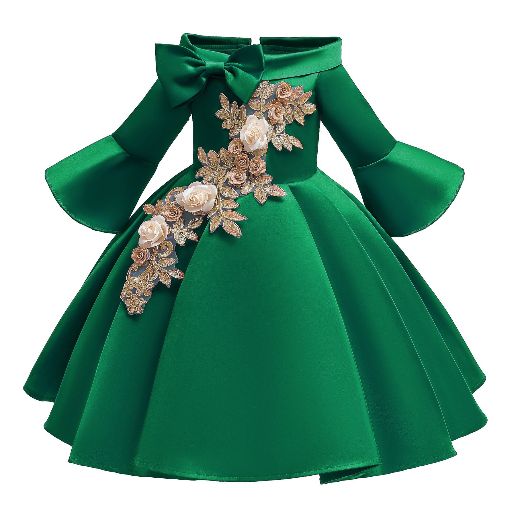 Luxurious Green Color Long Sleeve Winter Christmas Dress