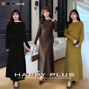 รันฉี พลัสไซส์เดรสไหมพรมทรงเอไหล่ตก สีน้ำตาลเข้ม แขนยาว เดรสผู้หญิง เอวธรรมชาติ - Product Image 3