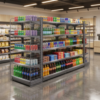 Étagères modulaires robustes en métal couleur anthracite pour magasins de proximité, gondoles double face à dos grillagé, présentoirs de vente au détail multi-baies