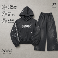 Ensemble de survêtement RAMAX 450GSM épais déchiré effet vieilli, sweat à capuche délavé à l'acide et pantalon de survêtement ample, style streetwear Y2K pour homme, personnalisable en gros