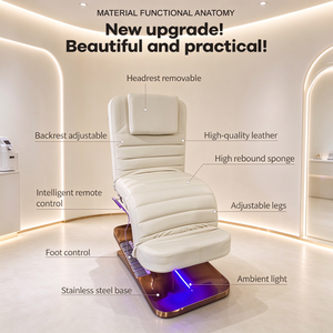 Lit de beauté électrique à 3 moteurs, base en acier inoxydable couleur or rose, avec éclairage d'ambiance LED, lit de massage facial en cuir PU - Product Image 5
