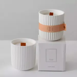 Kustom Mewah Kapal Silinder Putih Modern Porselen Label Lilin Kosong Guci Keramik dengan Logo dan Paket