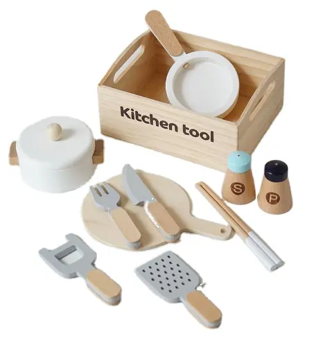 Màu trung tính đồ dùng nhà bếp bằng gỗ khối xây dựng thiết lập từ nấu ăn chậu xẻng giả vờ chơi đồ chơi vv.