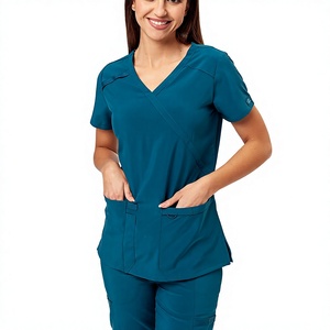 Haut de blouse médicale vert sarcelle à col en V pour femme avec poches avant, uniforme d'hôpital, vêtement de travail médical à manches courtes - Product Image 1