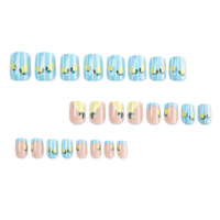 Faux ongles à presser rose et bleu style French Manucure avec motif citron et feuille verte, brillants et réutilisables pour manucure estivale 4616