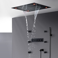 Ensemble de douche thermostatique de luxe noir mat à LED, à haut débit, avec pommeau de douche pluie cascade encastré au plafond et jets latéraux 2 pouces