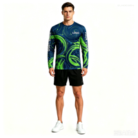 T-shirt à manches longues pour homme avec col rond, impression intégrale personnalisée par sublimation, motif néon tourbillonnant, pour les activités de plein air