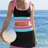 Nouvel ensemble de jupe cache-cœur trois pièces taille haute pour femme, bikini color-block avec bords festonnés, en polyester/nylon très élastique