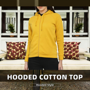 Sweat-shirt décontracté à capuche pour femme, manches longues, léger, automne, double fermeture éclair, 100 % coton tricoté, devant uni teint - Product Image 2