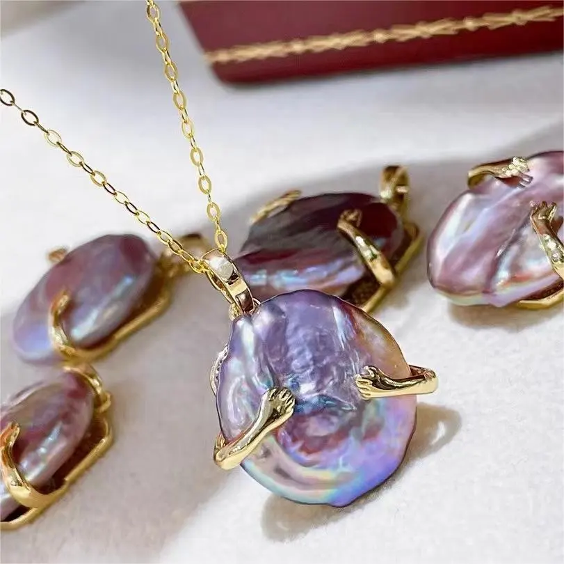 Charm Pendant 14k Gold Filled Necklace Purple Coin Baroque Pearl Necklace Women Jewelry Gift