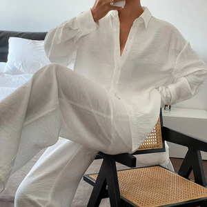 Bộ Đồ Hai món cho nữ áo thường ngày màu trơn quần ống rộng dáng rộng mùa xuân mùa thu bền may áo sơ mi dễ dàng - Product Image 2