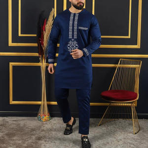 Traje tradicional africano para hombre, conjunto de patrón de estampado en caliente de alta calidad, camisa de manga larga, conjunto de pantalones largos de Color sólido, 2017 - Product Image 3