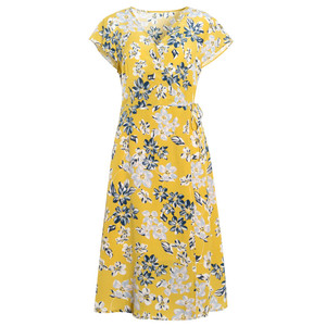 Temperament V-neck Yellow Floral Printed Mulberry <strong>Wrap</strong> A-line High Quality Women <strong>Silk</strong> Printed <strong>Dresses</strong> - Product Image 6