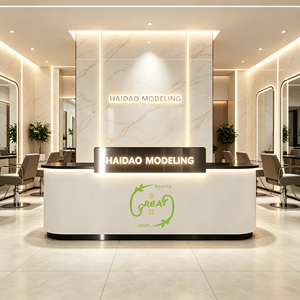Bancone Reception <span class=keywords><strong>Vintage</strong></span> a L in Pelle Trapuntata Arancione Personalizzato per Salone di Bellezza Tradizionale con Armadietto Contenitore - Product Image 2