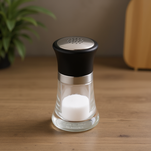 Saliera in Vetro Trasparente con Coperchio Nero e Fascia in Acciaio Inossidabile per Uso in Cucina - Product Image 3