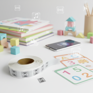 Etichetta NFC213 Rotonda 25mm in PVC con Logo Personalizzato, Adesivo Intelligente Bianco PET Leggibile e Scrivibile per Giocattoli e Libri per Bambini - Product Image 5