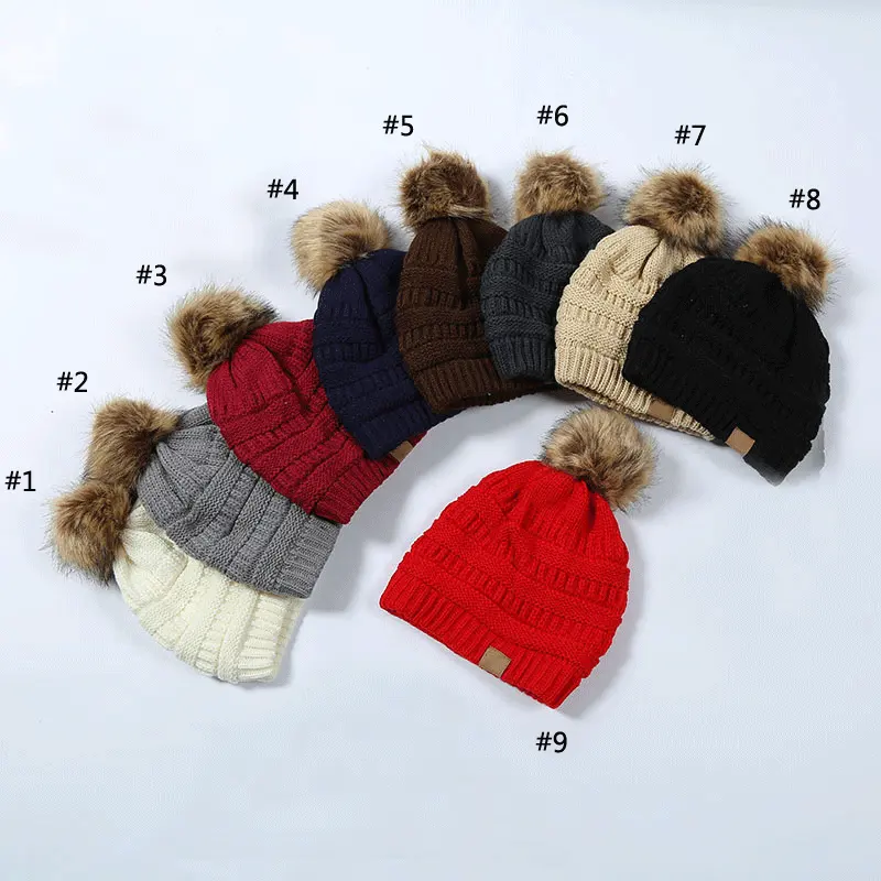 Hot sale custom logo unisex women red brown warm winter knitted plush fur pom pom beanie knitted hat knitted cap