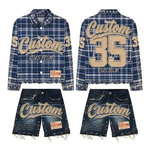 Completo da Uomo YYSY Streetwear: <span class=keywords><strong>Camicia</strong></span> a Maniche Lunghe con Strass e <span class=keywords><strong>Jeans</strong></span> Corti a Quadri in Cotone - Set Due Pezzi - Product Image 3