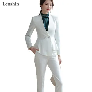 2 件套装女白色裤装商务办公女士工作服正式不对称西装外套与脚踝长裤子