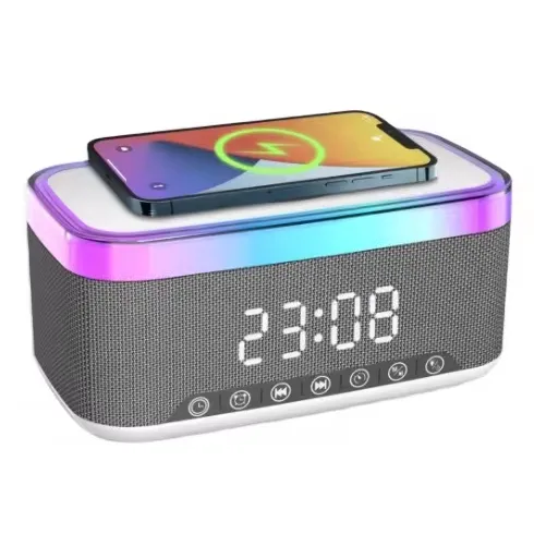 Portable Speaker Wireless Charger White Noise Nature Sound Colorful Light FM Radio Alarm Clock for Home White Noise Machine