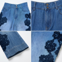 Anjie – Nouveaux Jeans en Denim pour Femmes avec Logo Personnalisé OEM ODM, Applique Florale 3D en Chiffon, Marque Privée, Coupe Large, Denim Texturé Fait Main, Vente en Gros