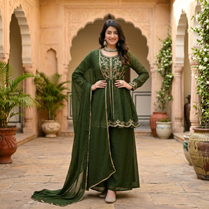 TENNECY Heavy Crunchy Silk Material with 5mm Sequence Embroidery Work <b>Top</b>-Palazzo with Dupatta Party Style All Seasons - Product Image 1