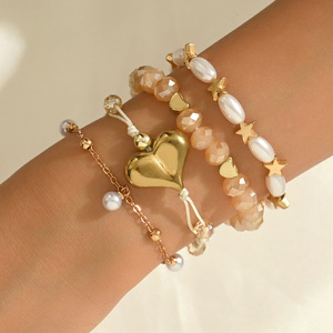 Cross-border European and American Bohemian style heart-shaped faux pearl beaded star <b>bracelet</b> <b>set</b>, multi-layered woven jewelry - Product Image 2
