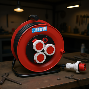 Enrollador de Cable Industrial Fervi con 3 Tomas, Cable de Extensión de Alta Resistencia de 25M con Asa para Uso en Taller - Product Image 3