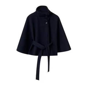 Abrigo de lana tipo poncho elegante para mujer con cuello alto y cinturón, mangas murciélago, estilo minimalista, ropa de abrigo de invierno, personalizado OEM. - Product Image 3
