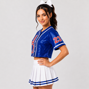 Women Baseball Jersey Cropped Fit Short Sleeve Custom Game Day Cheer Uniform <b>Sequin</b> <b>Crop</b> <b>Top</b> Youth Baseball Jersey - Product Image 1
