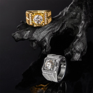 Men's 22K <b>Gold</b> Plated Moissanite <b>Cocktail</b> <b>Ring</b> Round Brilliant Cut Geometric Design Pave Setting Luxury Style - Product Image 4