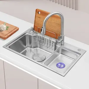 Nova pia de cozinha europeia escovada artesanal em aço inox 304 com slot único acima do balcão, modelo novo para uso doméstico