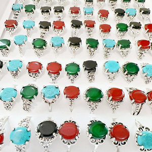 Vintage Silver Plated Gemstone Rings Round Turquoise Red Green Black Alloy Unisex Daily Wear <b>Gift</b> Jewelry - Product Image 1