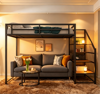 Lit mezzanine en acier robuste avec escalier en bois, adapté aux lits simples, doubles ou queen size, convient aux adultes