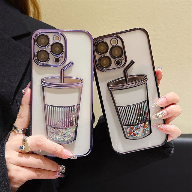 Creative 3D Milk-Tea Cup Quicksand Glitter Phone Case Electroplated Frame Shockproof Anti-Drop Protective Cover for iPhone