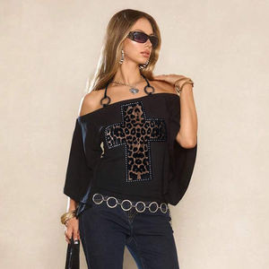 Off Shoulder Leopard Print <b>Batwing</b> Sleeve Knit T-Shirt Women Beaded Halter Neck Casual Street Fashion <b>Top</b> - Product Image 3