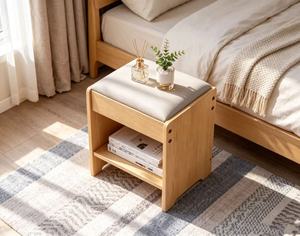 New Arrival Oak Wood Storage <b>Stool</b> with <b>Cushioned</b> Seat & Open Shelf for Entryway - Product Image 5