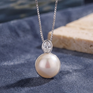 Copper Bezel Oval CZ Top <b>Large</b> Round Freshwater <b>Pearl</b> Pendant <b>Necklace</b> Box Chain Classic Luxury Jewelry for Women - Product Image 5