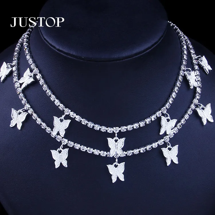 Jewelry Vendors European New Design Women Hips Hops Double Layer Bling Rhinestone Crystal Butterfly Tennis Chain Necklace