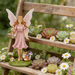 Statue de Fée de Jardin Élégante en Résine avec Lanterne |   Figurine de fée aux ailes d'ange roses peinte à la main avec renard et champignon - Product Image 6