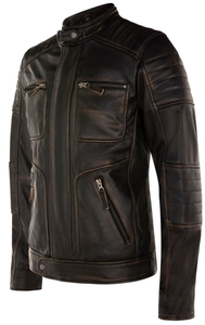 <b>Men's</b> Genuine <b>Leather</b> Moto <b>Jacket</b> Stand Collar Zipper Closure Solid Color Regular Fit Autumn Wear For Sale - Product Image 2