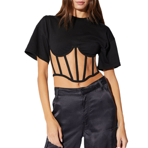 Camiseta de Manga Corta Ajustada Sexy para Mujer, Estilo Spice Girl, Cuello con Malla 3D, Estilo Casual, Decoración con Logotipo - Product Image 1