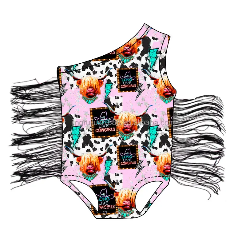 Mameluco sin mangas de moda para bebé con flecos negros Longhorn Cowgirl Print Toddler Girls Western Leotardos