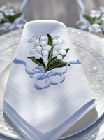 Serviettes de table en lin blanc brodé de couleur lilas, durables et lavables
