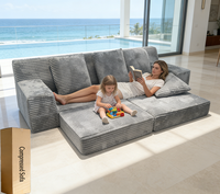Canapé modulaire trois places gris clair à rayures verticales en velours, compressé et scellé sous vide, idéal pour le bureau et l'école
