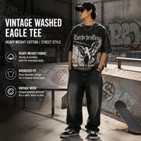 T-shirt noir délavé surdimensionné coupe classique pour homme, motif aigle, 100 % coton tricoté, écologique, respirant, streetwear unisexe