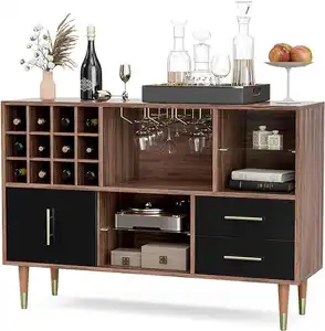 Modern Style Wine Cabinet Wooden Wine Bar Cabinet With 12 Wine Bottle Rack And Drawers For Living Room