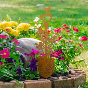 MH MH0001 Décoration de jardin <span class=keywords><strong>en</strong></span> <span class=keywords><strong>fer</strong></span> <span class=keywords><strong>rouillé</strong></span> marron avec fleur de lys et oiseau, style pelle, simplicité moderne, pour jardin, pelouse, pot de <span class=keywords><strong>fleurs</strong></span>, insertion au sol - Product Image 5