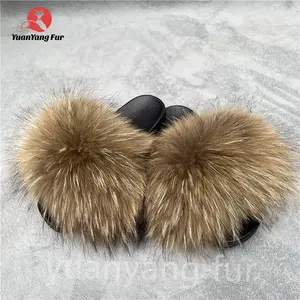 2023 Dropshipping Custom Colorful Full Racoon/Fox Fur Slides Slippers For Women And Kids